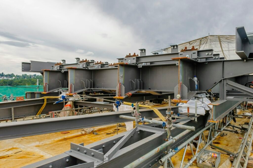 Bridge construction site with formwork and equipment