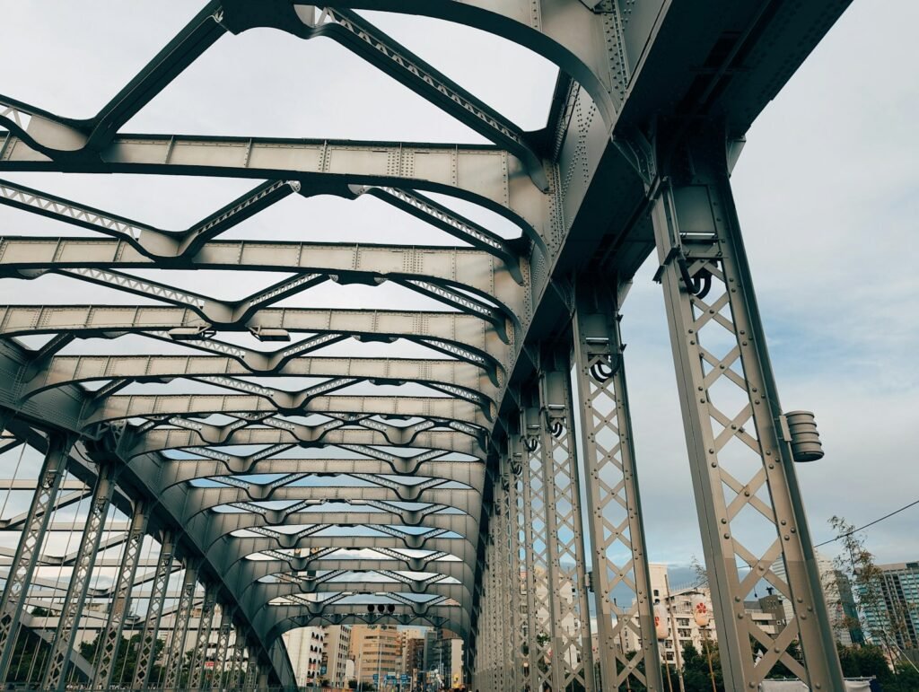 Steel bridge truss seen from below